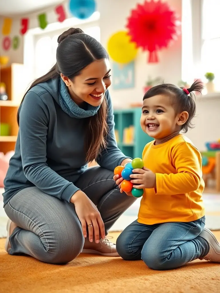 A foster carer joyfully interacting with a child in a playroom.