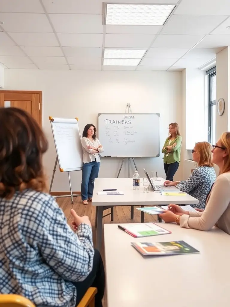 A supportive training session for foster carers with trainers providing guidance.